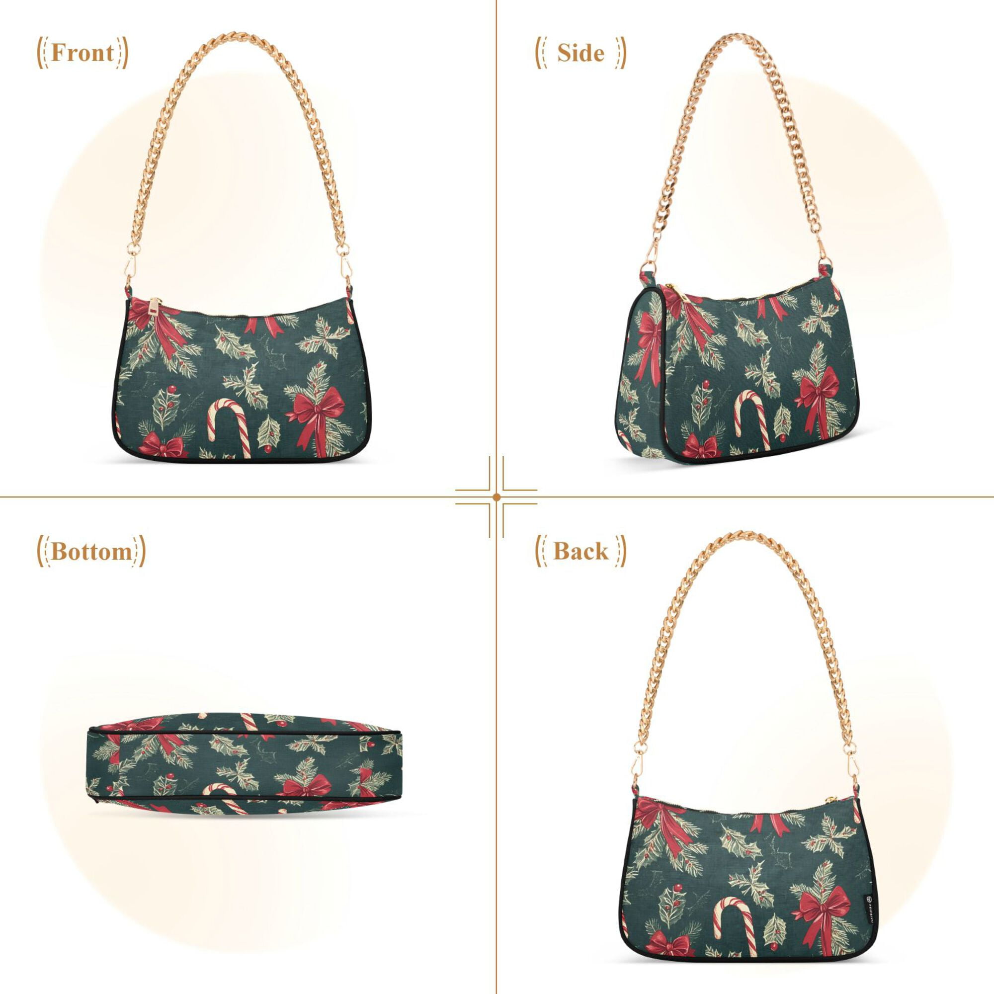 FORMRS Womens Shoulder Bag with Chain Strap Clutch Purse Cute Tote Handbag, Green Christmas Candy Canes