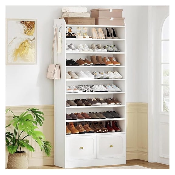 Shoe Storage Cabinet, 10 Tiers Shoe Cabinet with 2 Cloth Drawers, Wooden Freestanding Shoes Organizer with 2 , 40-45 Pairs, Shoes Cubby Organizer for Entryway, White SR52903MI