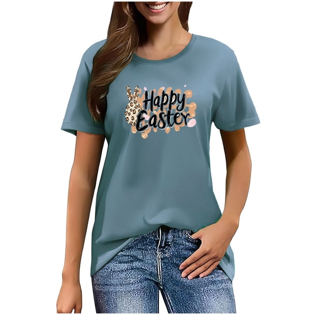 Mujeres Manga Corta de Verano Tops Pascua Impresa Cuello Redondo, Blusa de Moda Casual para la Primavera