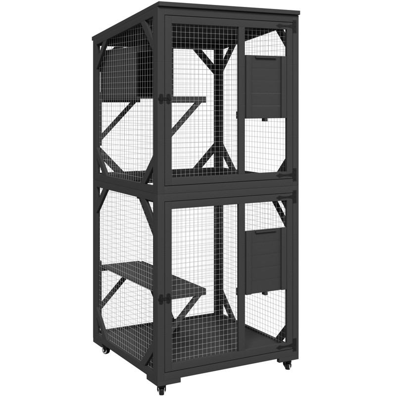 Furmax Outdoor Cat Catio Large Wooden Cat House Patio for Indoor Cats Feral Cat Shelter with 2 Espace Doors, 1 Resting Rooms, 3 Platforms, Waterproof roof