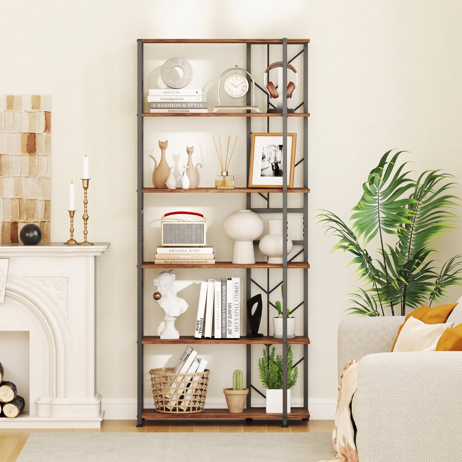 Furnibear 6-Tier Bookshelf Modern Geometric Bookcase with Heavy-duty Metal Frame and Anti-tipping Kits for Living Room Home Office, Rustic Brown