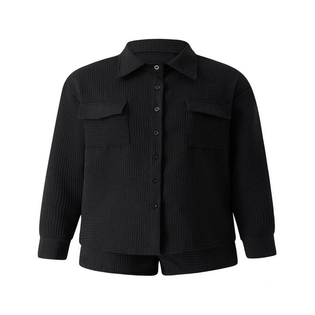 Women‘s 2Pcs Clothing Suit Solid Color Turn-Down Collar Long Sleeve Button-Down Shirt + Elastic Drawstring Short Pants