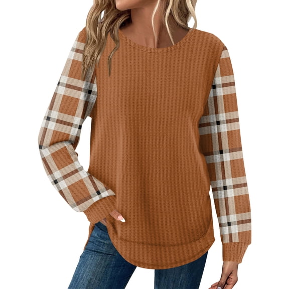 Long Sleeve Tops for Women Loose Fit Dressy Waffle Knit Shirts Trendy Fall Fashion Crewneck Curved Hem Sweaters Coffee L