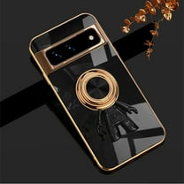 ELEHOLD Cute Case for Google Pixel 7 Pro Ultra Slim Three-Dimensional Astronaut Hidden Kickstand Finger Ring Gold Plating Shockproof Case, Black
