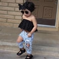 thumbnail image 2 of Toddler Girls Outfits Kids Off Shoulder T Shirt Tops Hole Denim Jeans Long Pants Headwear 3Pcs Set Clothes for Girls Size 4-5T, 2 of 9