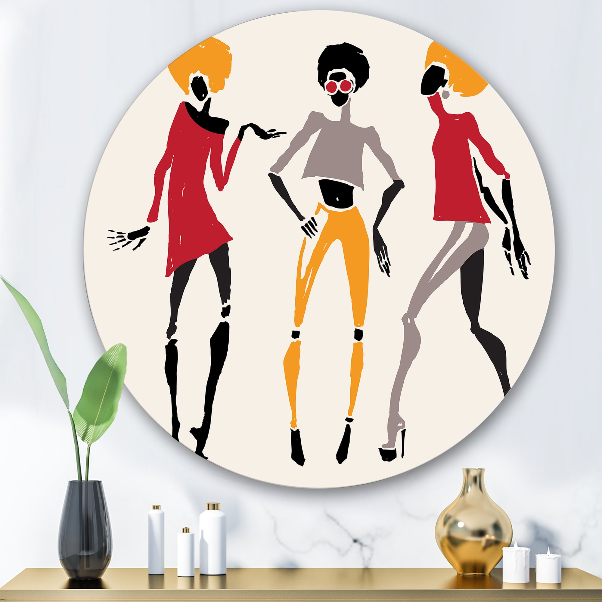 Designart 'African American Women Silhouettes Red and Yellow I' Modern Circle Metal Wall Art 29x29 - Disc of 29