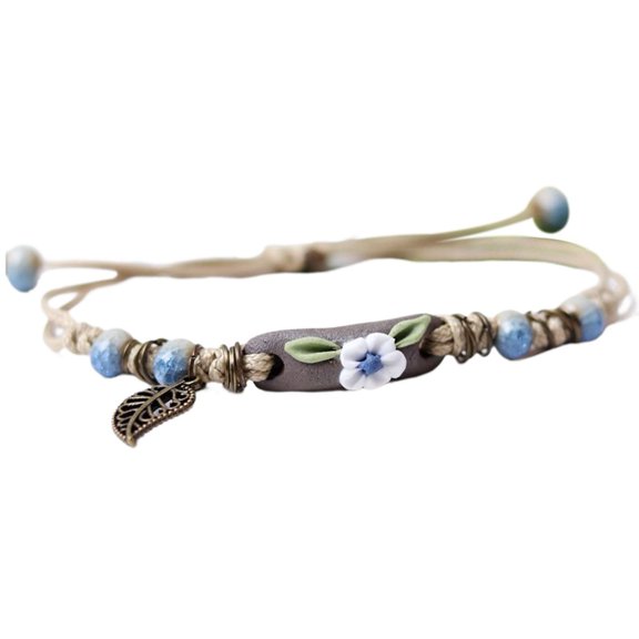 HUANLEDASH Women Bracelet Handmade Braided Woven Ceramic Beads Hollow Leaf Ethnic Style Gift Adjustable Flower Charm Students Bracelet Rope Fashion Jewelry