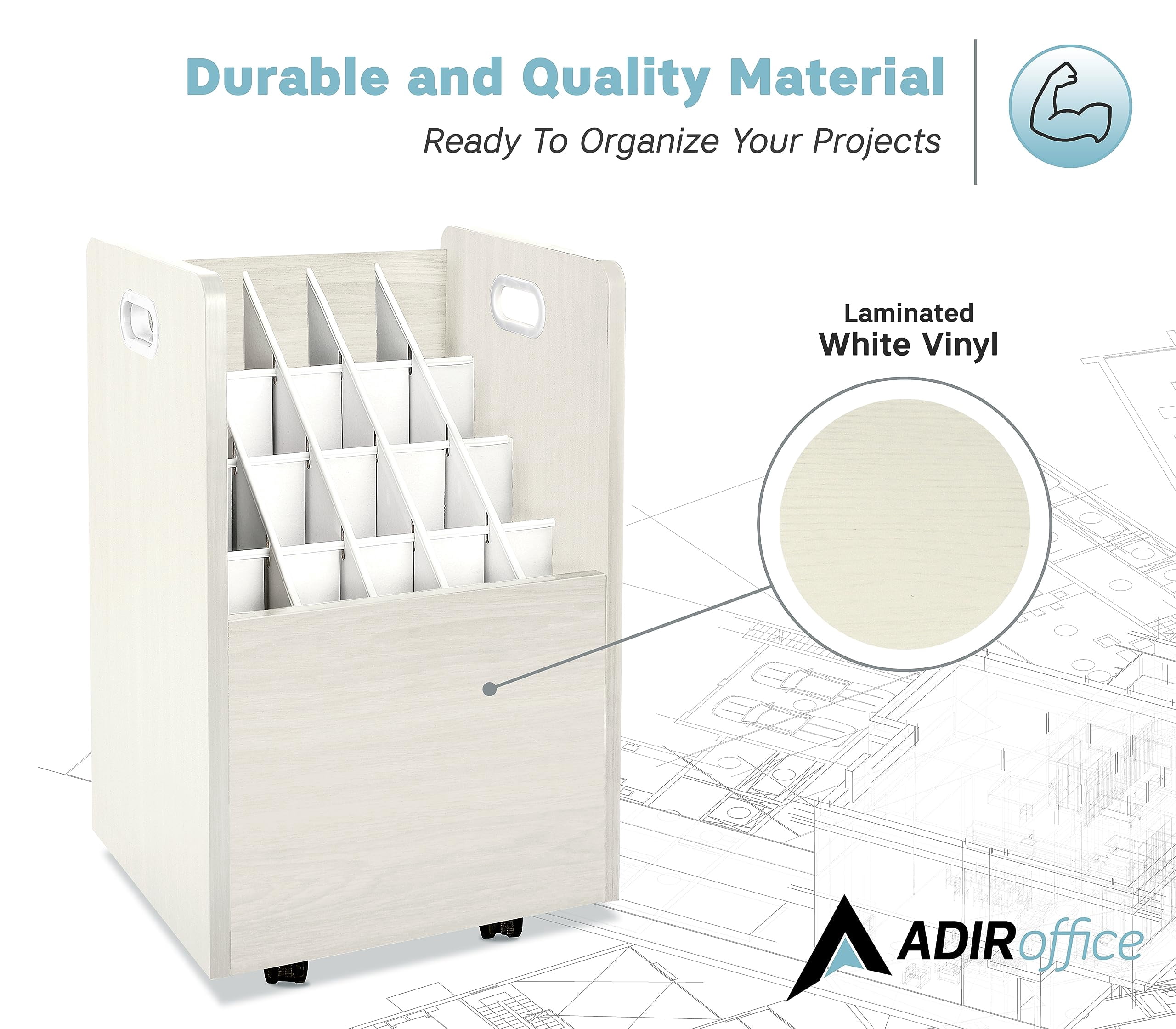 Adir Blue Print Storage Organizer- Mobile Roll File Cart, Construction Plan Holders, Blueprint Cabinet with Wheels (20 Slots, White)