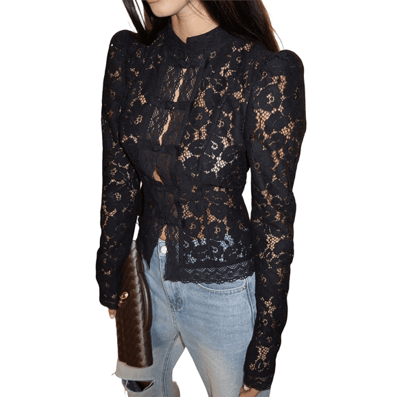 Women's Temperament Commuter Lace Crochet Stand Collar Slim Design Shirt Long Sleeve Button Shirt Tops