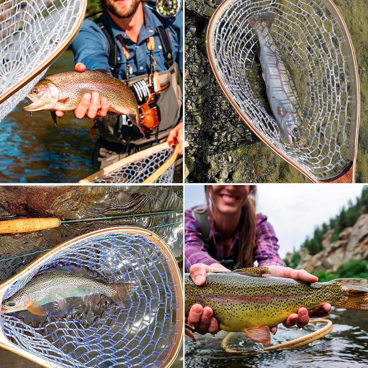 Fly Fishing Net, Trout Net, Wooden Frame Fly Fishing Landing Net with Soft Rubber Mesh for Catch and Release, Lightweight Fish Net for Trout Bass, Fly Fishing Gear for Stream Fishing