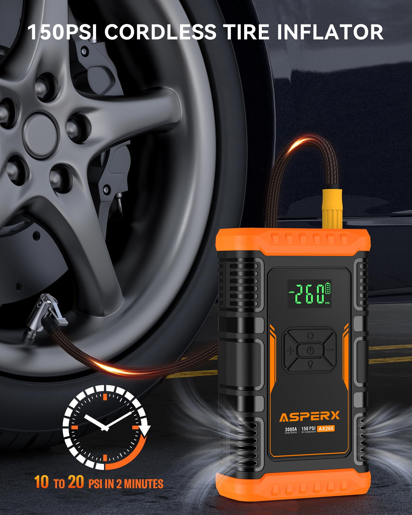 ASPERX Jump Starter with Air Compressor(Up to 10L Gas/8.0L Diesel Engines)，3000A Car Battery Jump Starter with USB Fast Charging,Portable Battery Jumper for 12V Car SUV Vehicles
