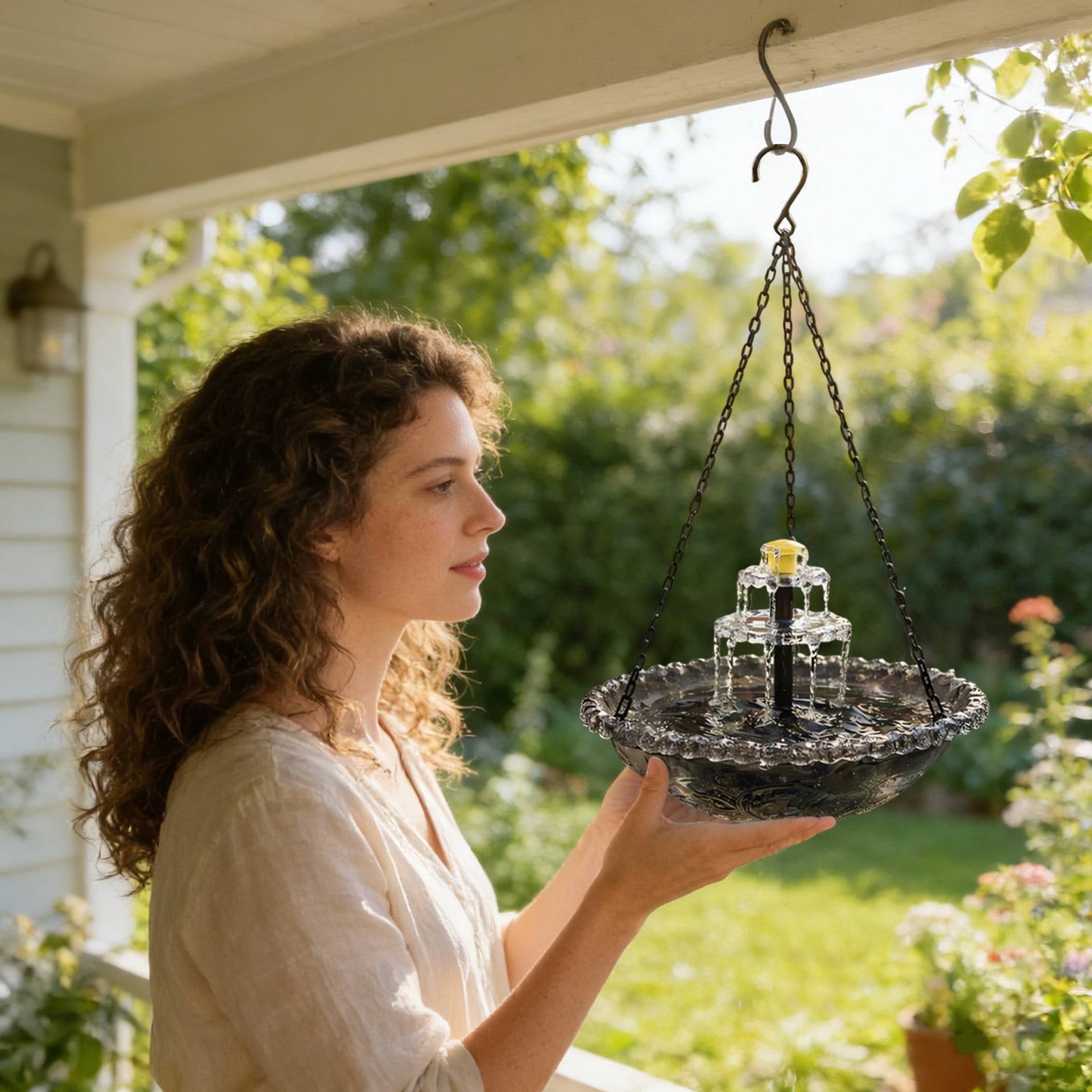 Hanging Solar Bird Bath Fountain, Diameter Green Metal Bird Bath Bowl with Solar Powered Pump & 4 Water Spray Nozzles for Outdoor Garden Backyard Patio Lawn