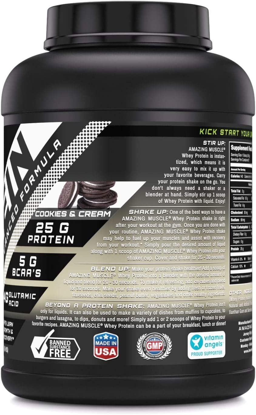 Amazing Muscle Whey Protein (Isolate & Concentrate) 5 Lbs Powder Supplement | Cookies & Cream Flavor | 60 Serving | Non-GMO | Gluten-Free |