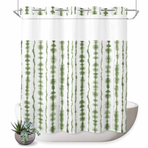No Hook Shower Curtain, Sage Green Stripes Shower Curtains for Bathroom with See Through Top Window, Farmhouse Striped Abstract Art Waterproof & Washable Bath Curtain Long 72"x78"