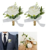 Tutuviw 2 Pcs White Rose Boutonniere for Men,Wedding Rose Corsage Buttonholes,Groom and Groomsmen Boutonniere with Artificial Flower for Rustic Vintage Wedding Ceremony Dinner Prom Party