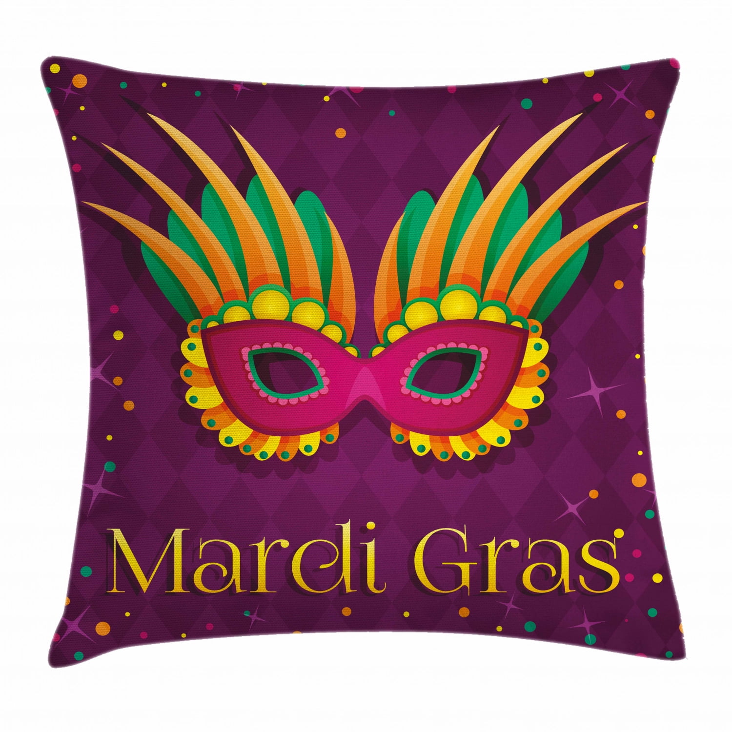 Mardi Gras Throw Pillow Cushion Cover, Festival Mask Design on Purple