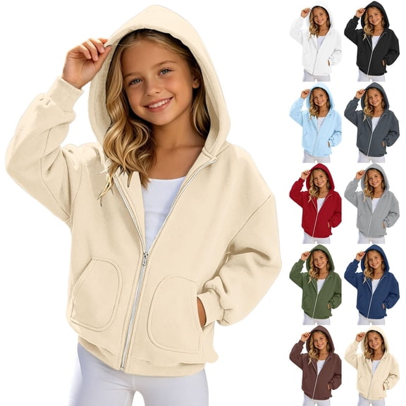 Girls Zip Up Hoodie Fashion Oversized Casual Cute Comfy Long Sleeve Sweatshirt Jacket with Pockets 4-14 Years