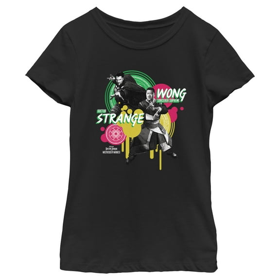Girl's Marvel Doctor Strange in the Multiverse of Madness Strange and Wong Paint Splatter Graphic Tee Black Medium