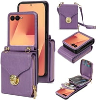Handbag Wallet Case for Samsung Galaxy Z Flip 7 with Shoulder Strap, with Back Card Slots Holder PU Leather Magnetic Snap Zipper Flip Purse Shockproof Phone Cover for Galaxy Z Flip 7 - Purple