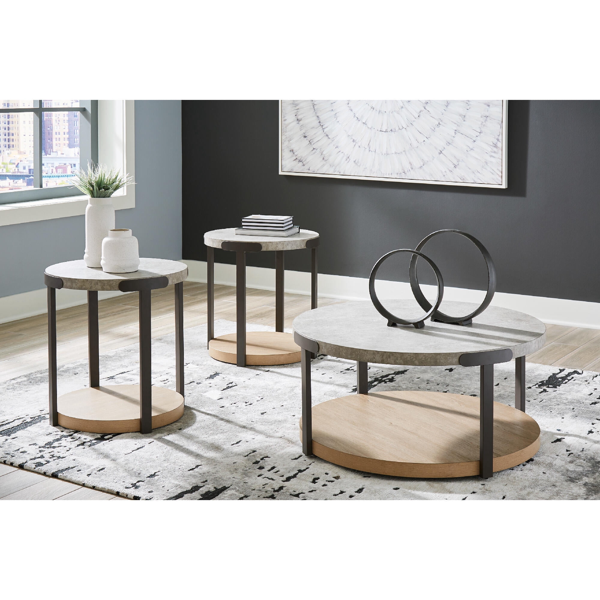 Signature Design by Ashley Darthurst 3-Piece Modern Round Coffee Table Set, Light Brown with Faux Cement Top