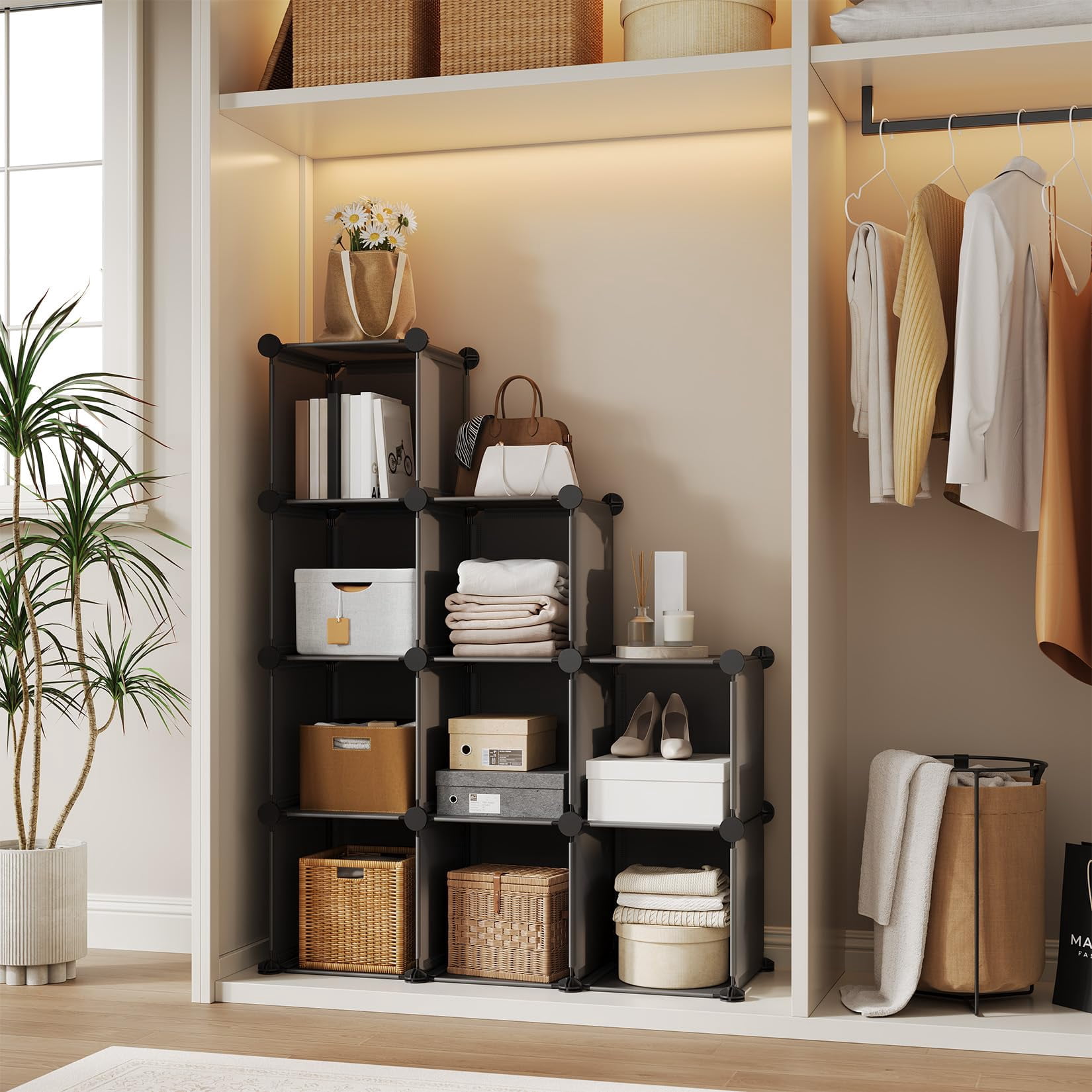 9 Cube Storage Organizer, DIY Modular Bookshelf & Closet Organizer, Plastic Stackable Shelving Cubes with Feet & Rubber Mallet