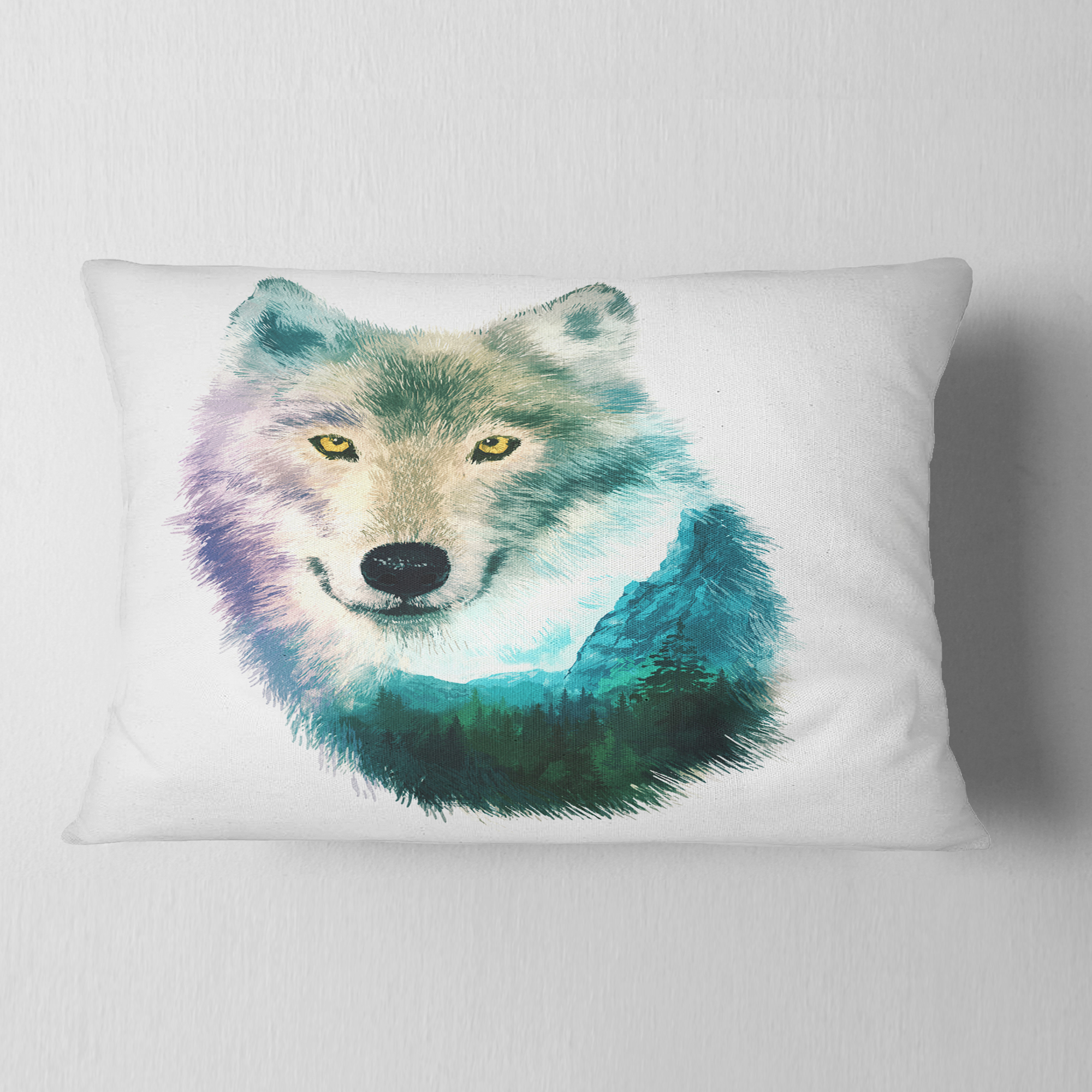 Designart Wolf Head Double Exposure Drawing - Animal Throw Pillow - 12x20