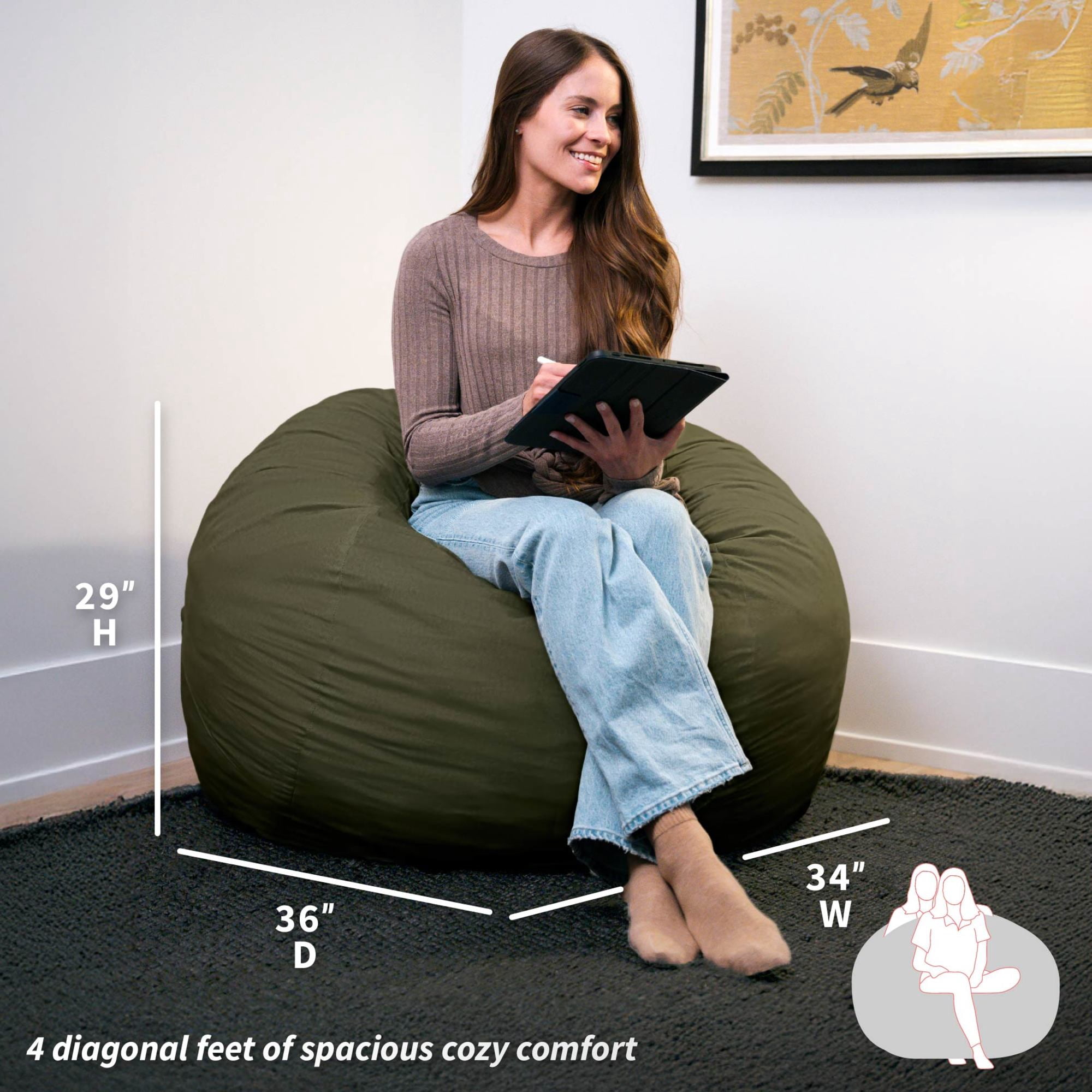 Big Joe Fuf 4Ft Foam Bean Bag Chair with Removable Cover for Kids, Teens, Forest Green Velveteen, Durable Woven Polyester, 4 foot Large Reading and Gaming Seat