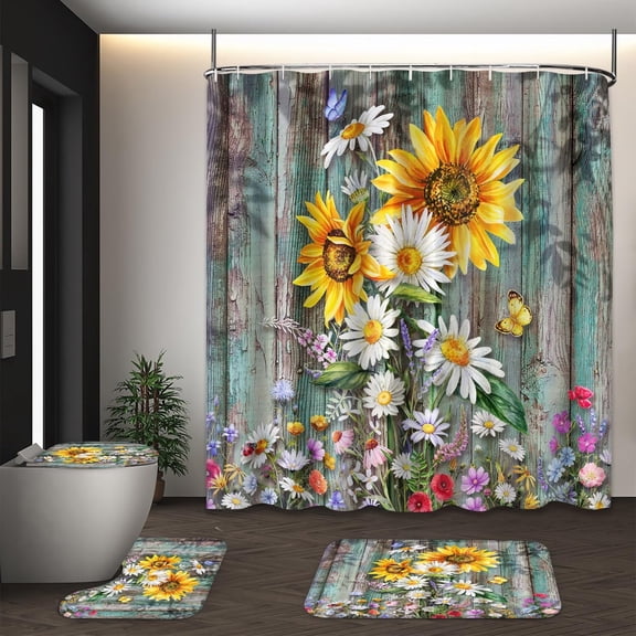 LVRLVR 1/4 Sunflower & Wildflower Rustic Wood Fabric Shower Curtain Rug Set - Flower Bath Mat Bathroom Decoration,Multicolor, 70.8" × 70.8"