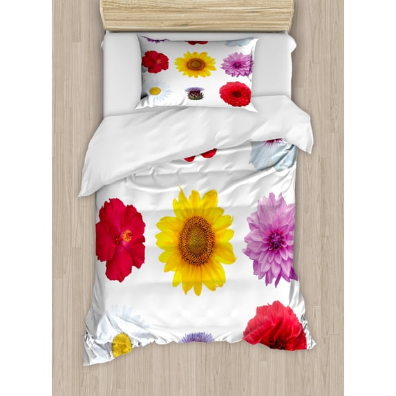 Flowers Duvet Cover Set Twin Size, Beautiful Various Type Petals Photo on Plain Backdrop Botanical Themed Graphic, Decorative 2 Piece Bedding Set with 1 Pillow Sham, Multicolor, by Ambesonne