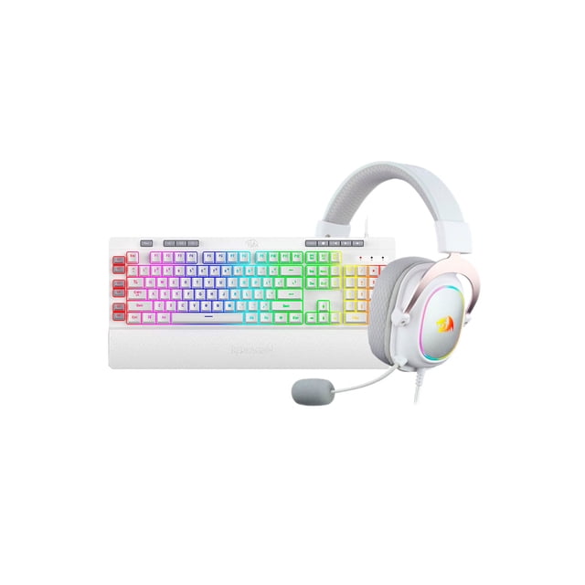 kit gamer teclado k512w con auriculares h510w blanco, teclado blanco con reposamuñecas y retroiluminación RGB multizona, auriculares blancos con diadema acolchada, micrófono flexible y copas iluminadas. Vista frontal sobre fondo neutro; también suele usarse para streaming y trabajo de oficina por su diseño compacto.