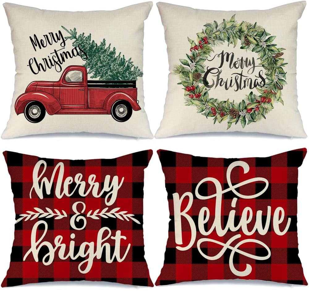 Christmas Pillow Covers 18 18 Inch Set of 4 Farmhouse Black and Red Buff Pillow 