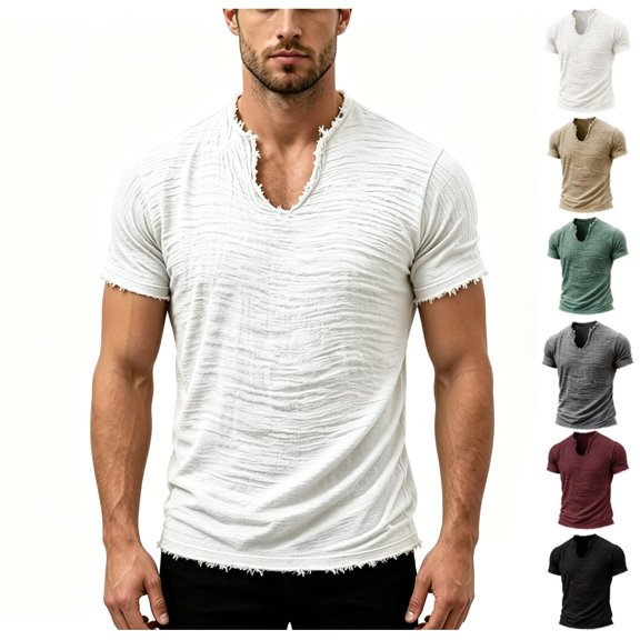 Mens V Neck T Shirt Short Sleeve Distressed Casual Fashion Tee Summer Beach Streetwear Top for Vacation Wear