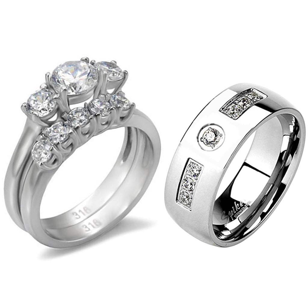 HIS HERS 3 PIECE MEN'S WOMEN'S STAINLESS STEEL WEDDING ENGAGEMENT RING BAND SET 