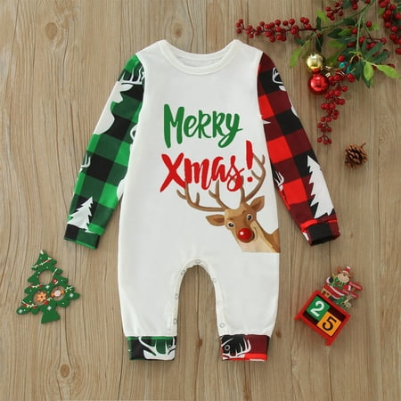 

Christmas Toddler Baby Kids Letter Plaid Print Romper Jumpsuit Family Clothes