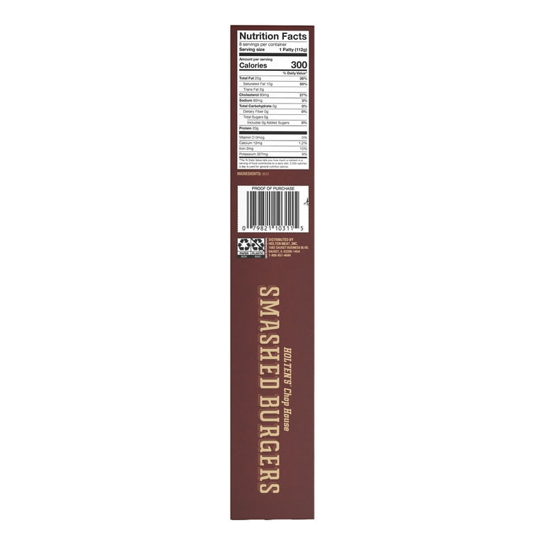Holten's Chop House 100% Beef Smashed Burgers, 8 Count, 4oz Smash Burgers, 2lb (Frozen)