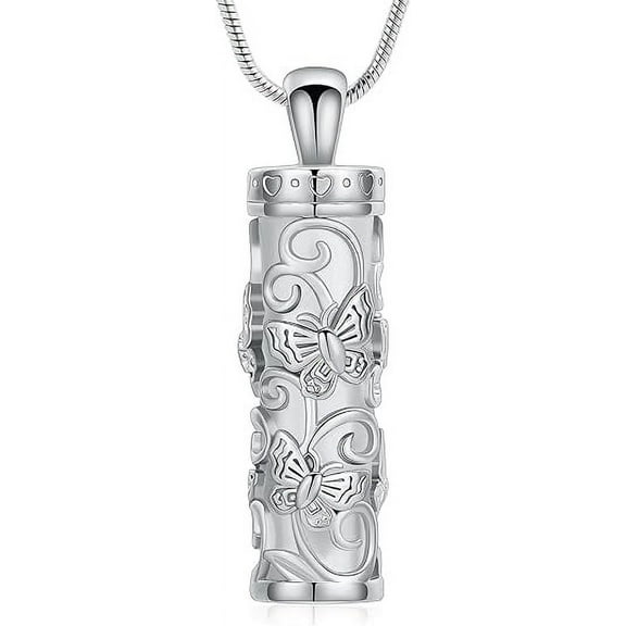 Butterfly Cylinder Urn Necklace Cremation Jewelry for Ashes Stainless Steel Pendant Funeral Keepsake Loved Ones Memorial Gift for Women Men