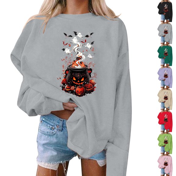 Inverlee Women's Cauldron Pumpkin Ghost And Bat Graphic Crewneck Sweatshirt Spooky Season Womens Everyday Halloween Themed Sweatshirt Green S-XXL