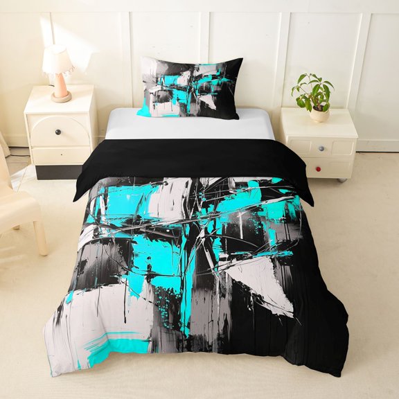 Homewish Blue Abstract Twin Duvet Cover,Contemporary Art Twin Bedding,Black Reversible,2-Piece,1 Duvet Cover and 1 Pillowcase