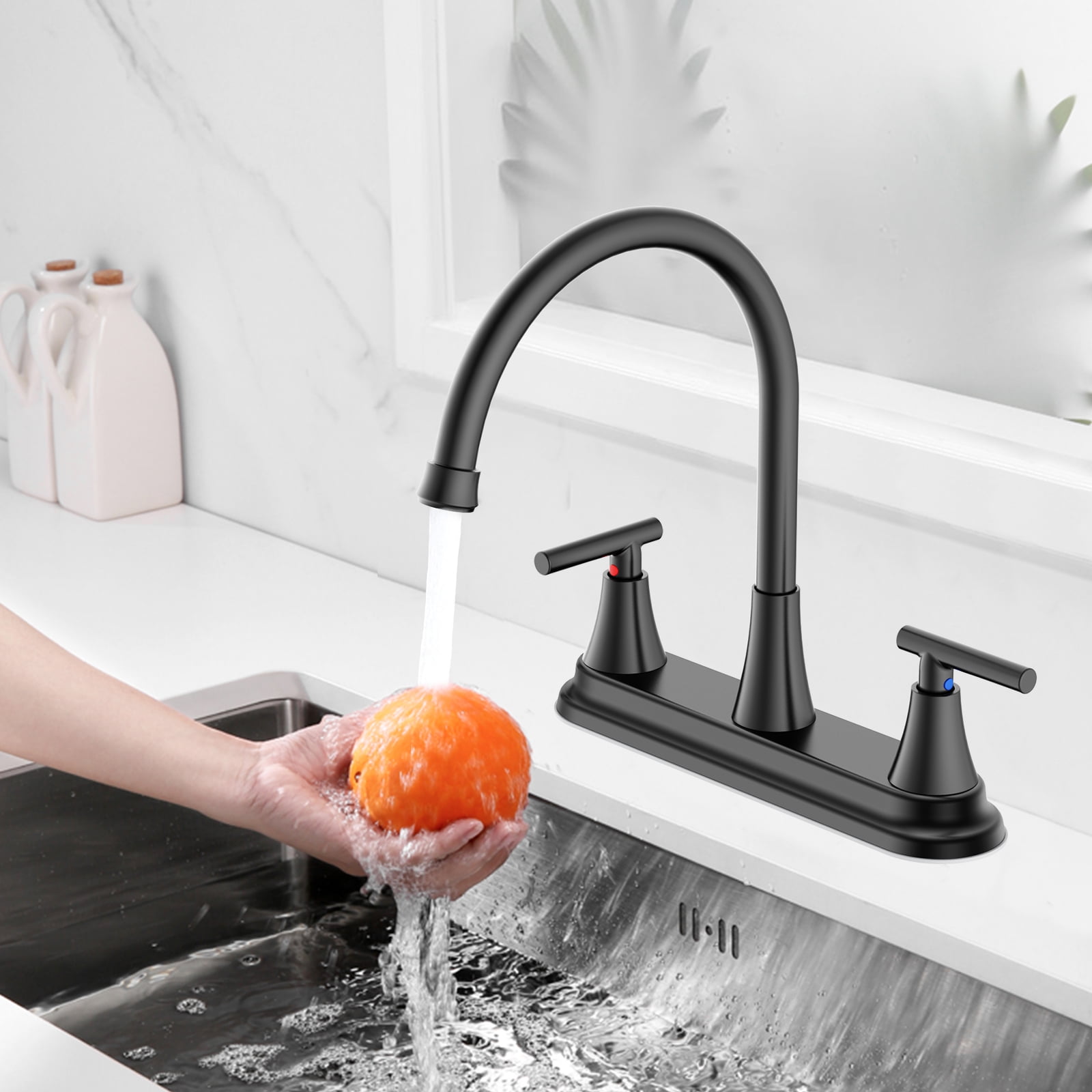 KINGTACK Two Handles Kitchen Faucet, 3 Hole or 4 Holel Faucet for Kitchen Sink, Matte Black