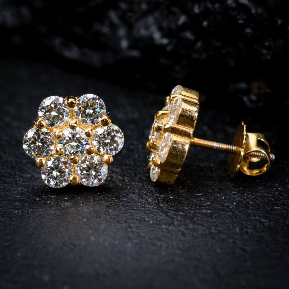 Large Flower Cluster 14k Yellow Gold Plated 925 Sterling Silver Screw Back Post Hip Hop  Circle Earrings