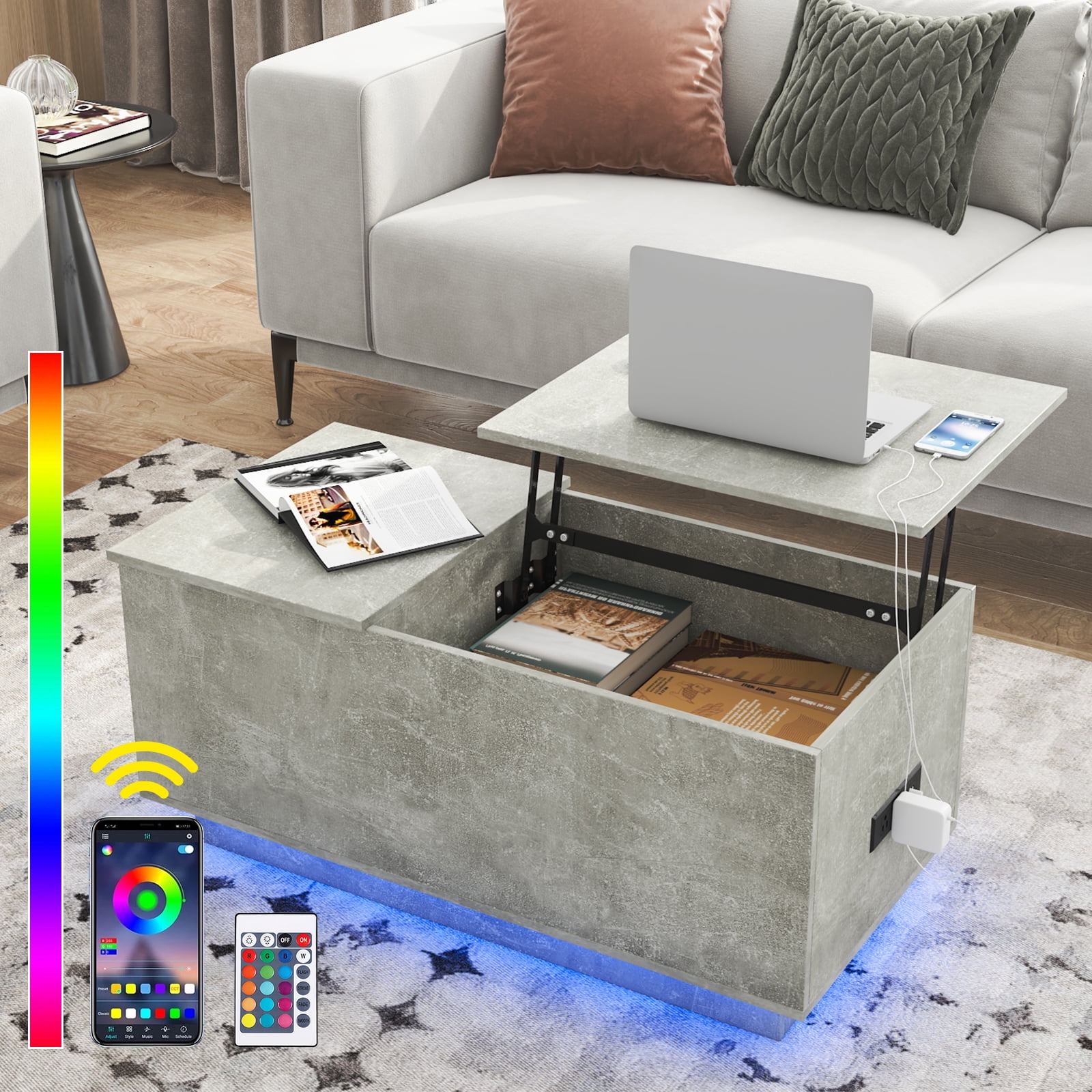 Lift Top Table LED Coffee Table Charging Station Hidden Compartment and