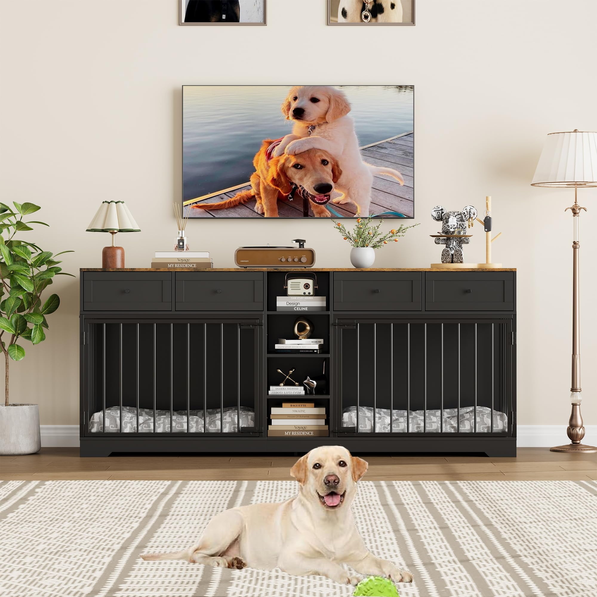 Yeshouse Large 82” Dog Crate for 2, Dog Kennel Furniture with Storage Drawers & Shelves, TV Console for Living Room