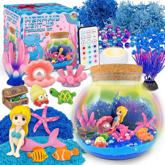 Mermaid Terrarium Craft Kit for Girls – DIY Light-Up Night Light with Remote, Creative Arts & Crafts Birthday Gift for Kids