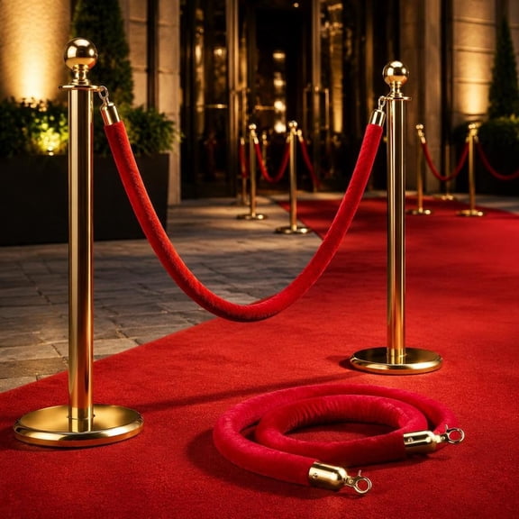 Stanchion Ropes, 4.92 Ft Red Velvet Crowd Control Queue Barrier with Gold Hooks, 2 Pcs