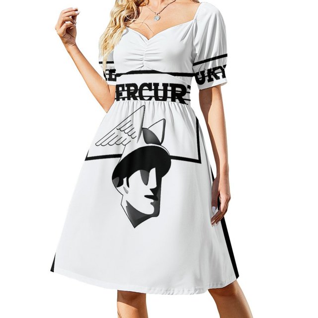 Vestido elegante de manga corta con estampado negro clásico y emblema de Mercury Flathead V8 para invitada de boda, traje de verano para mujer.