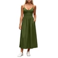 thumbnail image 3 of VBVC Women's V Neck Spaghetti Strap Maxi Dress , Summer Casual Sleeveless Long Dress For Women , Ladies' Flowy Slim Sundress with Pockets,Army Green,S-2XL, 3 of 9