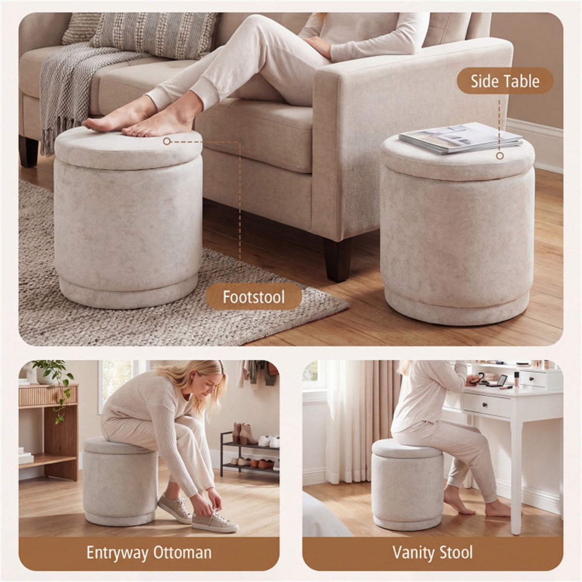 18 Inch Beige Storage Ottoman Foot Rest Acacia Wood Frame