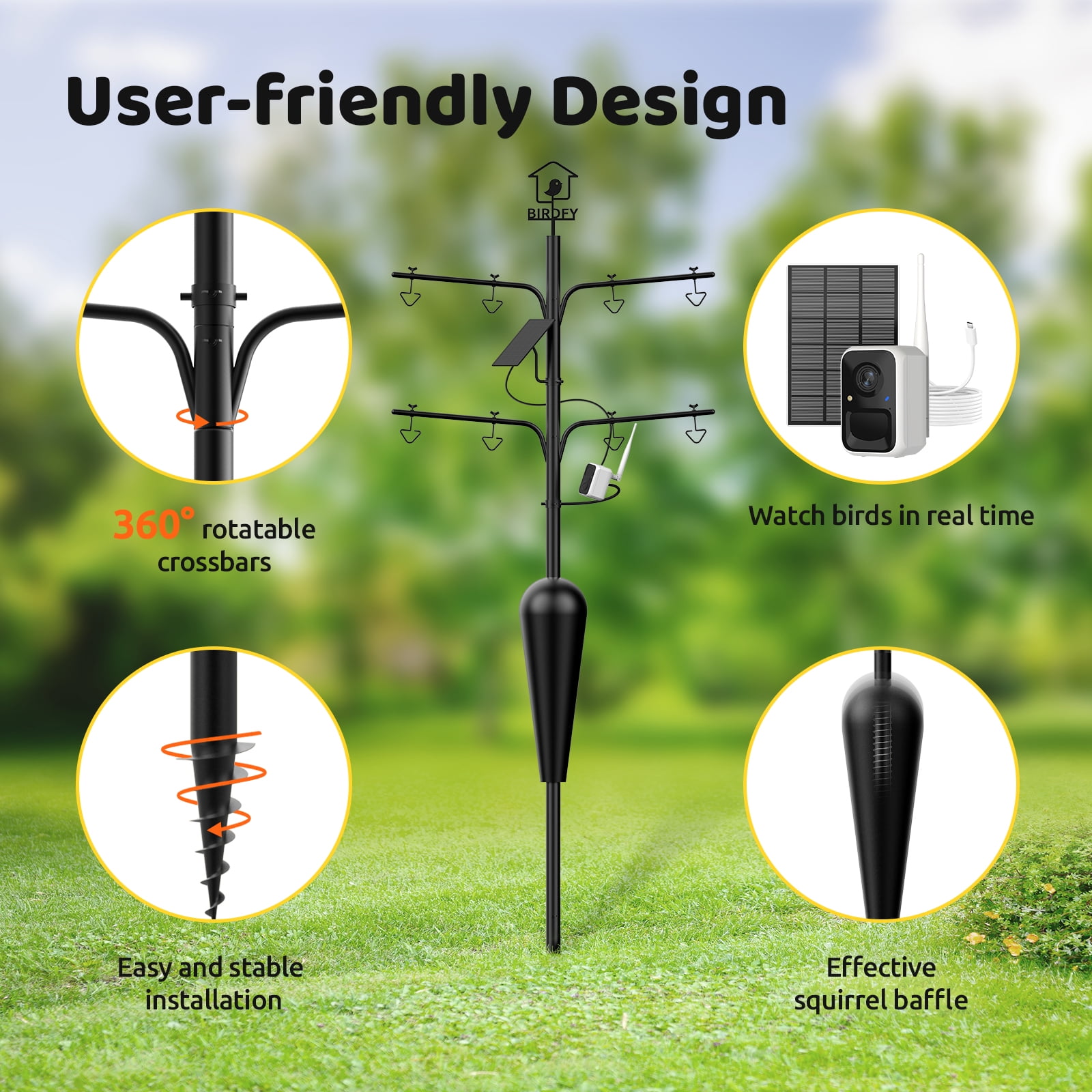 Bird Feeder Pole with Camera and Solar Panel, Netvue Birdfy Pole All Metal with 8 Hooks Squirrel Proof Heavy-Duty Stand