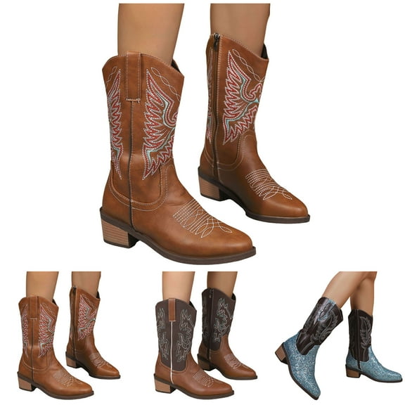 Dakaela Women's Cowboy Boots Mid Calf Cowgirl Mid Calf Boot Western Round Toe Pull on Ankle Booties