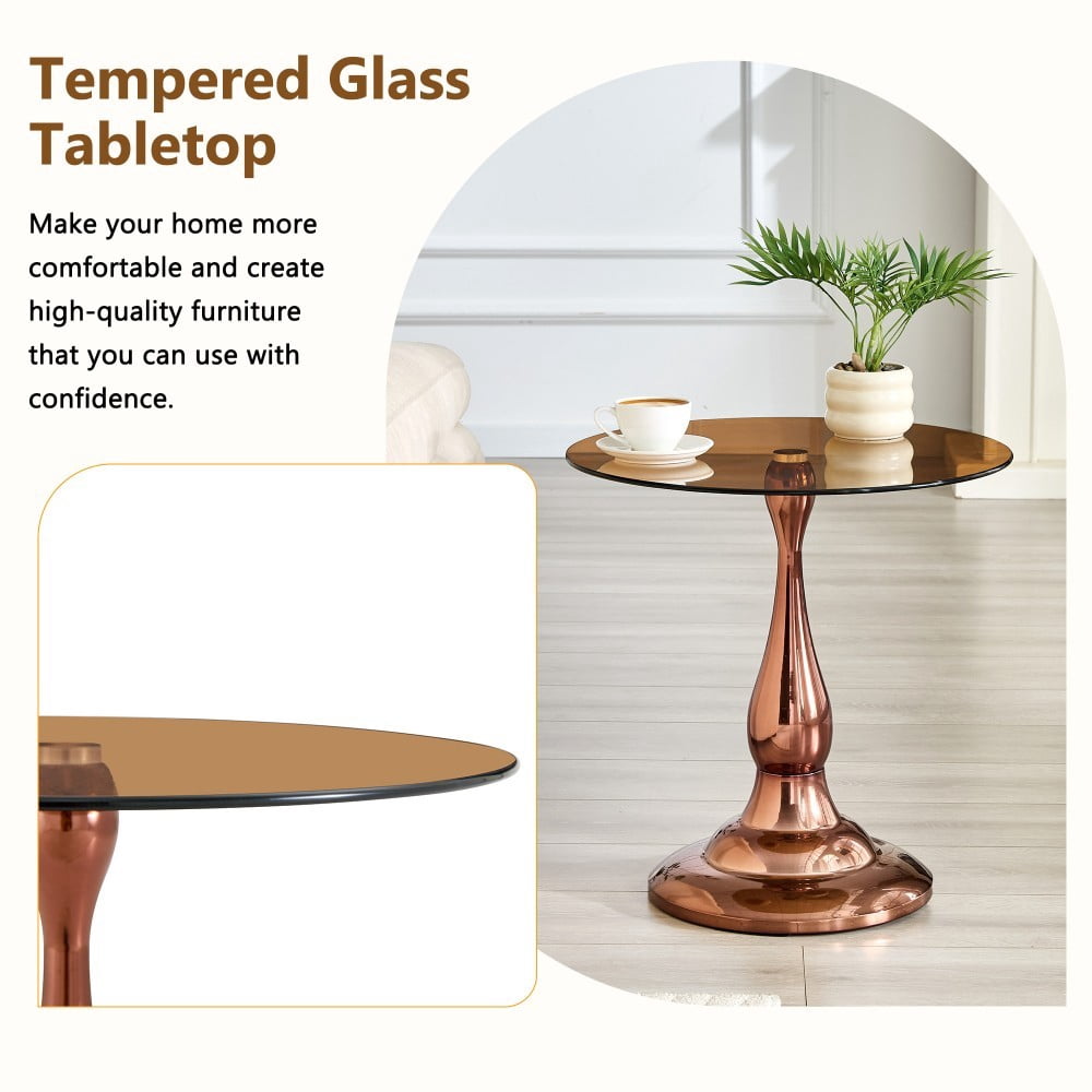 19.6" Round Side Table, Amber Tempered Glass Top with Rose Gold Metal Base, Modern End Table, Nightstand, Sofa Table for Living Room Bedroom